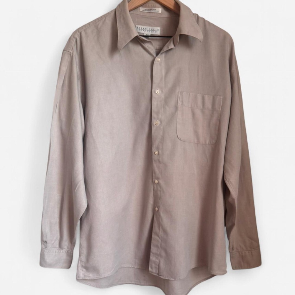 Vintage Perry Ellis Portfolio Cotton Blend Button Up Tan Dress Shirt